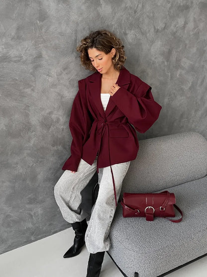 Brown Casual Short Blazer Womens V Neck Lace Up Waist Outerwear