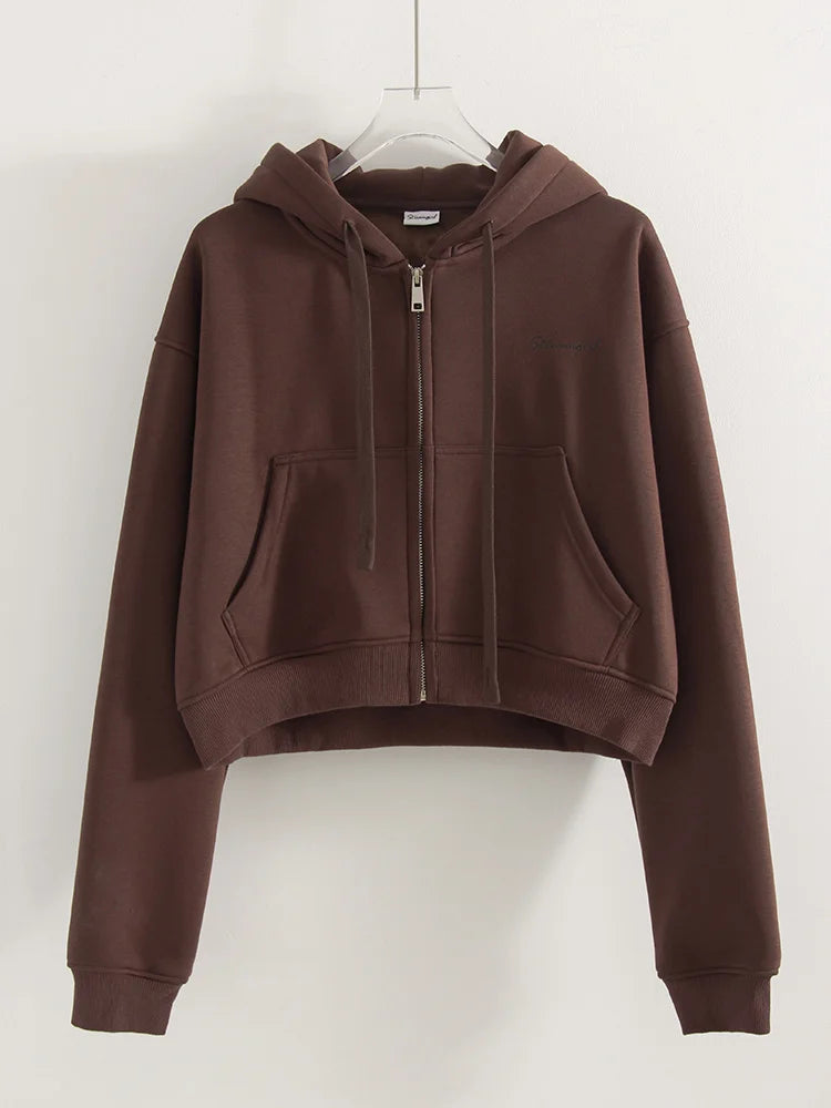 Warm Women's Brown Velvet Tracksuit – Fleece Zipper Crop Hoodie & Sweatpants Set