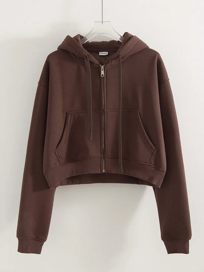 Warm Women's Brown Velvet Tracksuit – Fleece Zipper Crop Hoodie & Sweatpants Set