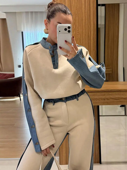 Womens Spring Sport Set Long Sleeve V Neck Tops High Waist Wide Leg Pants