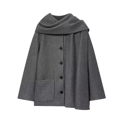Single Breasted Womens Trench Coat Full Sleeve Detachable Scarf Winter