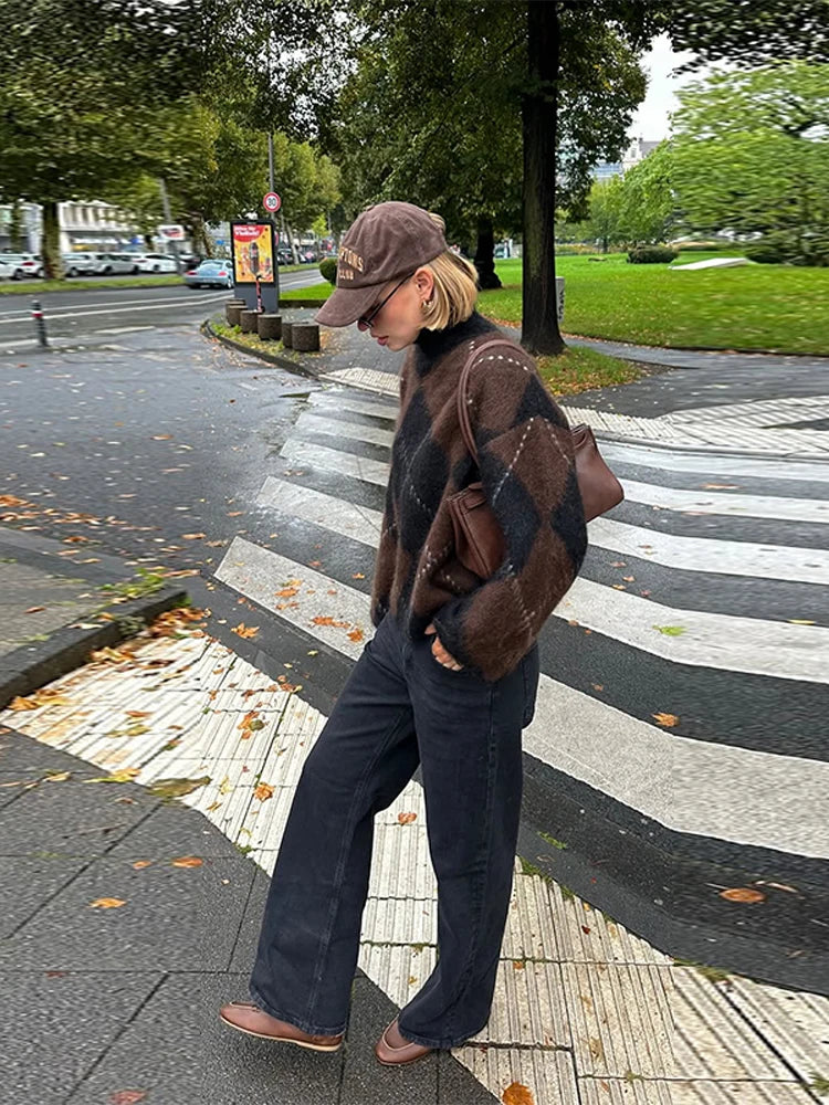 Womens Loose Casual Turtleneck Sweater Argyle Pattern Drop Shoulder Pullover