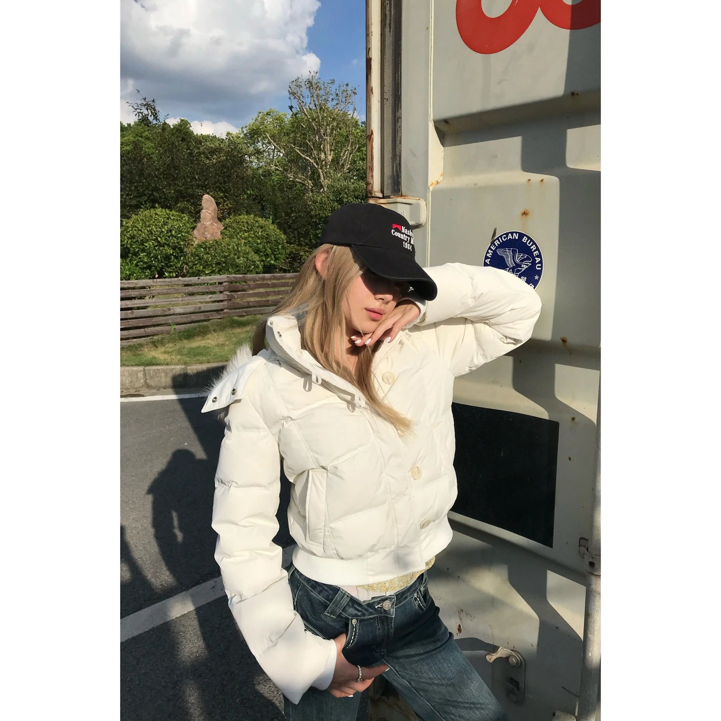 Pink Cotton Padded Winter Jacket Womens Hooded Faux Fur Collar