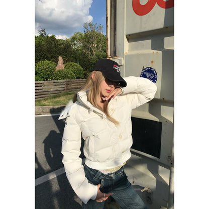 Pink Cotton Padded Winter Jacket Womens Hooded Faux Fur Collar